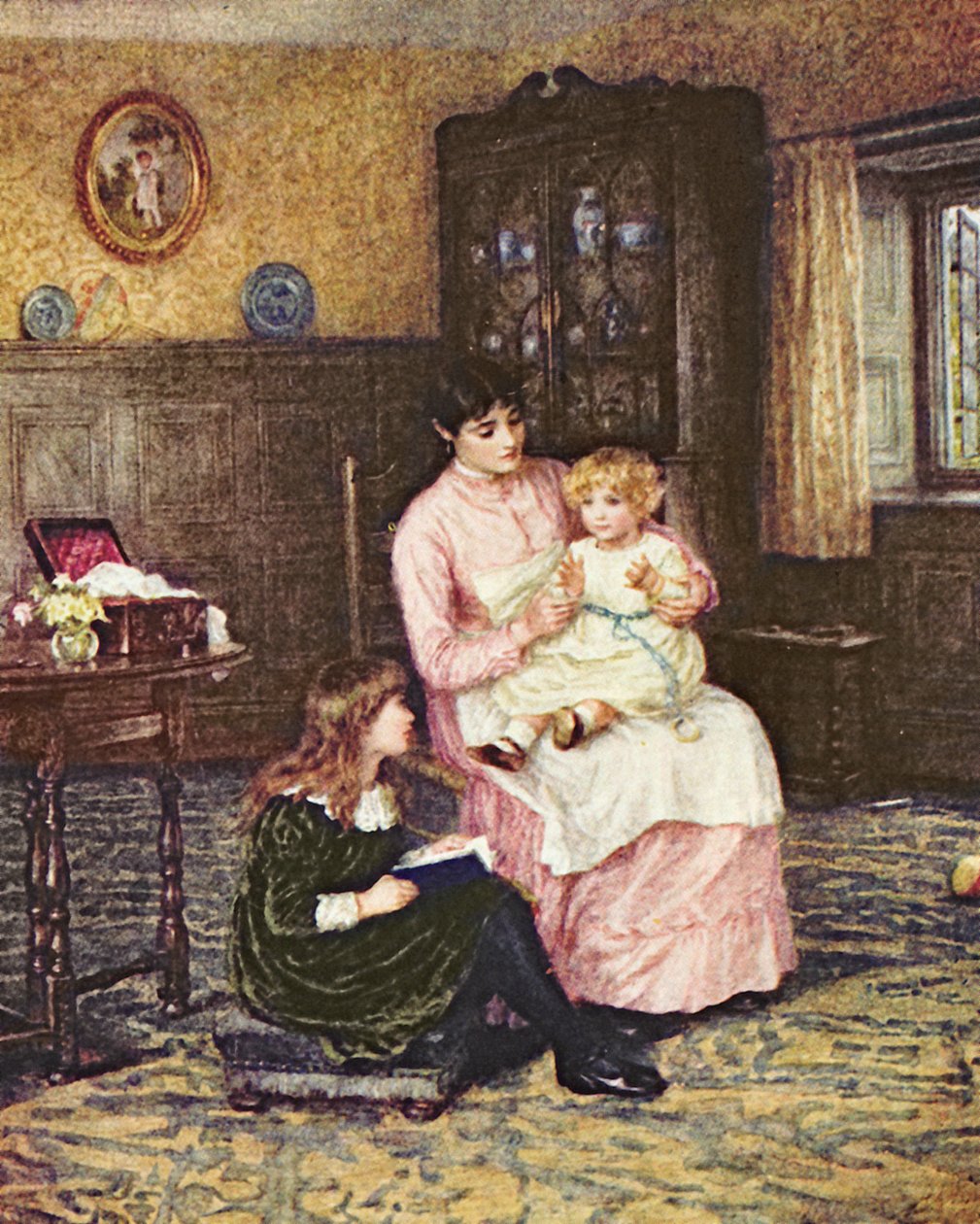 Mama bawi się z dziećmi we wnętrzu autorstwa Helen Allingham