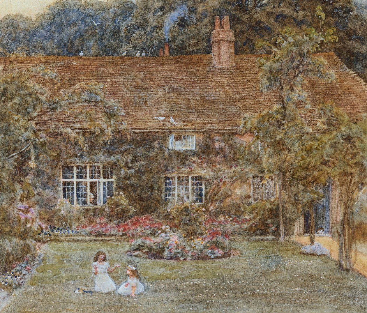 Wiejski Dom (akwarela z wydrapaniem) autorstwa Helen Allingham