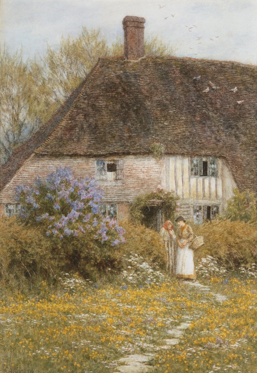 Domek Kentish (akwarela z wydrapaniem) autorstwa Helen Allingham