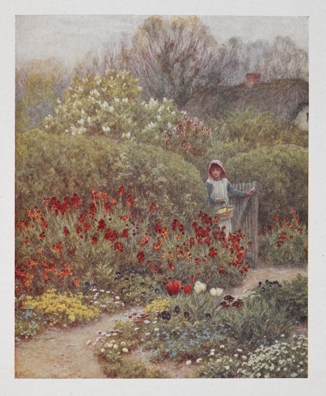 Kobieta otwierająca bramę do ogrodu, ilustracja z „Szczęśliwej Anglii”, Roberta Huisha (kolor litho) autorstwa Helen Allingham