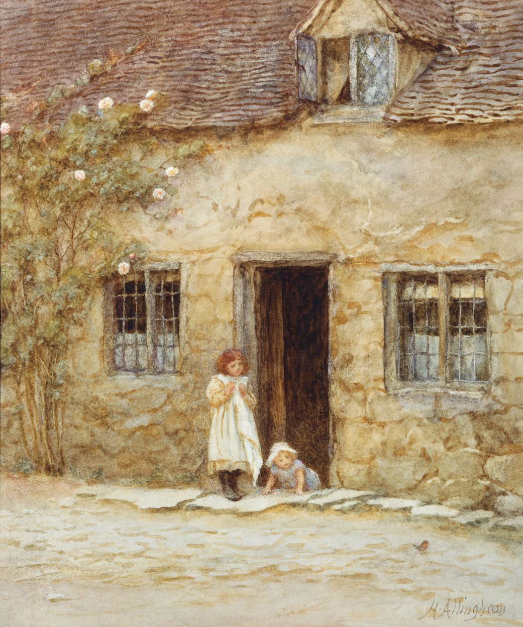 At the Cottage Door (akwarela z wydrapaniem) autorstwa Helen Allingham