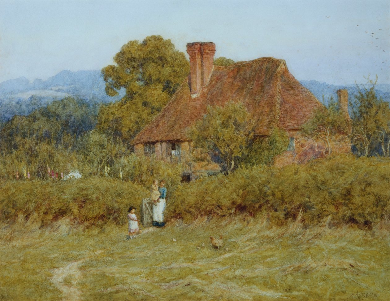 Domek w Broadham Green, Surrey, w Sunset Light autorstwa Helen Allingham