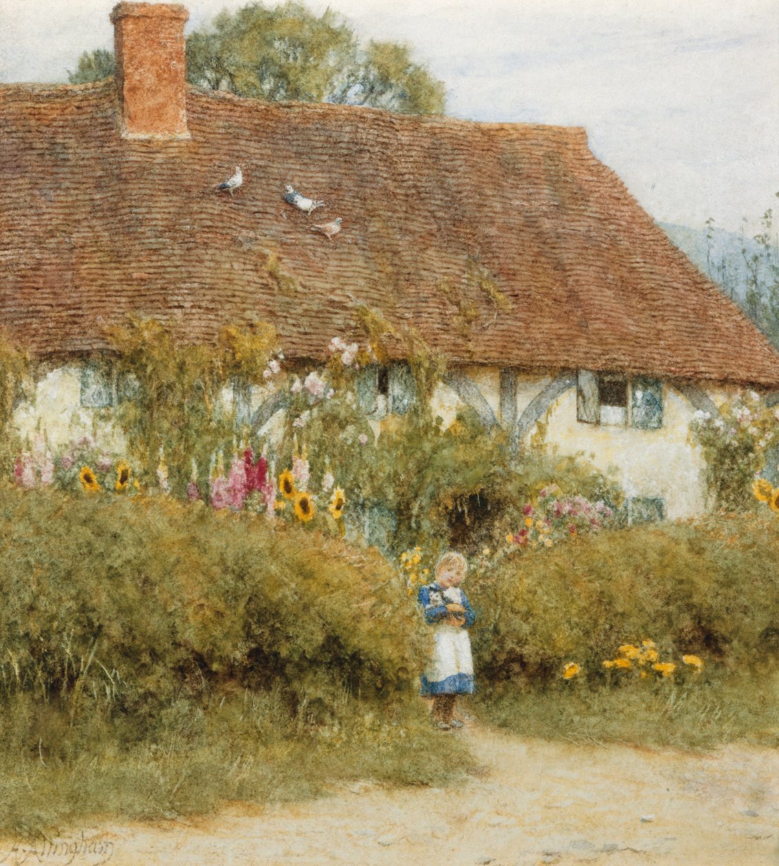 Domek w West Horsley, Surrey (akwarela z wydrapaniem) autorstwa Helen Allingham