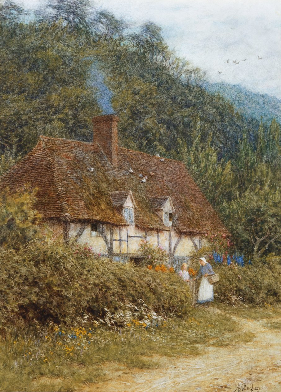 Domek pod Witley, Surrey (akwarela z wydrapaniem na papierze) autorstwa Helen Allingham