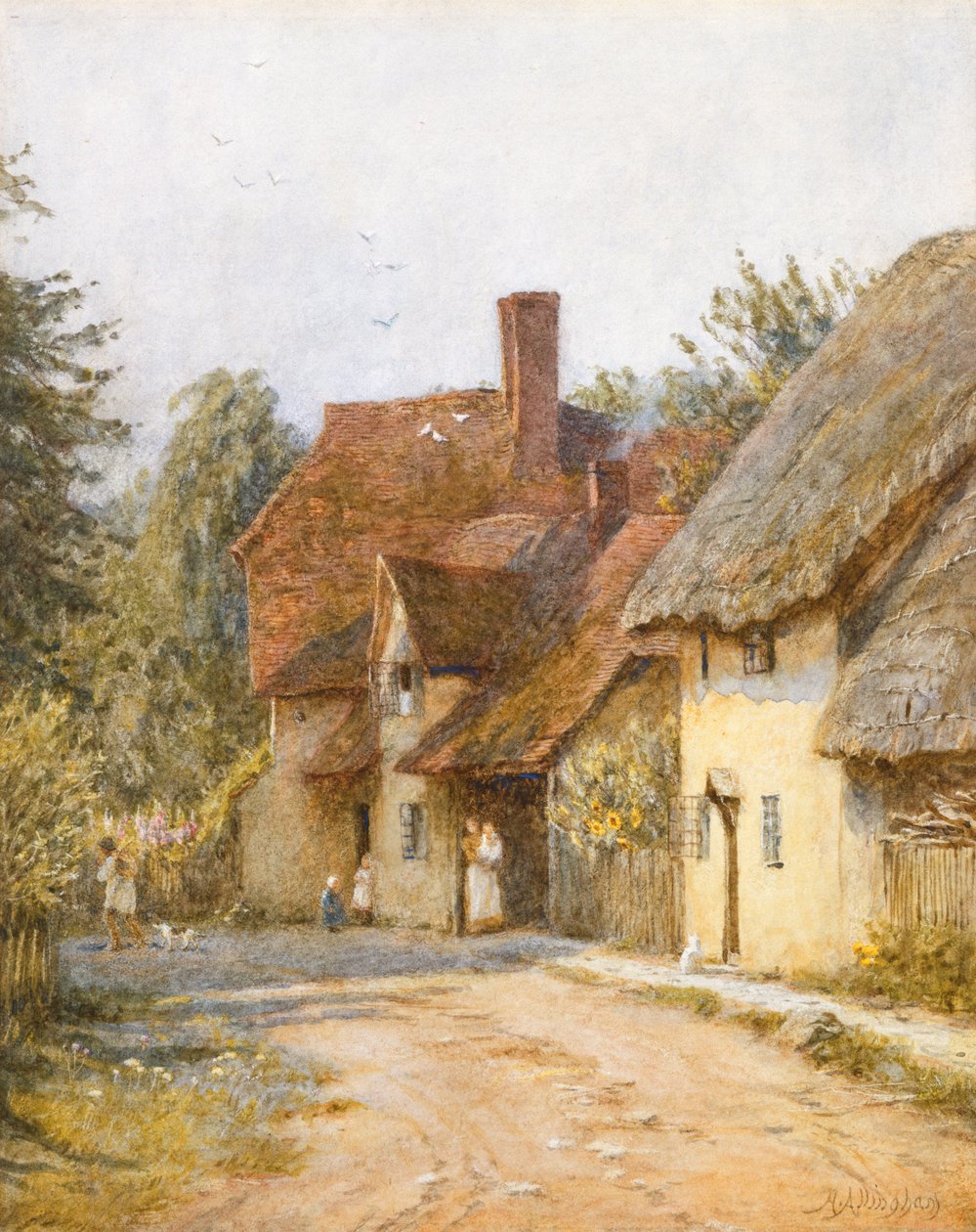 East Hagbourne, Berkshire (akwarela z wydrapaniem na papierze) autorstwa Helen Allingham