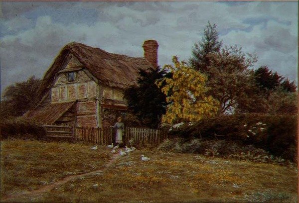 Laburnum Cottage: kobieta karmiąca kaczki (akwarela) autorstwa Helen Allingham