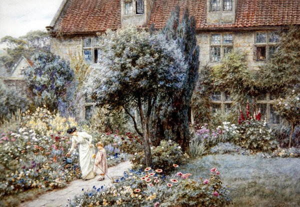 Manor Farm Garden, Yorkshire, ok. 1901 (akwarela na papierze) autorstwa Helen Allingham