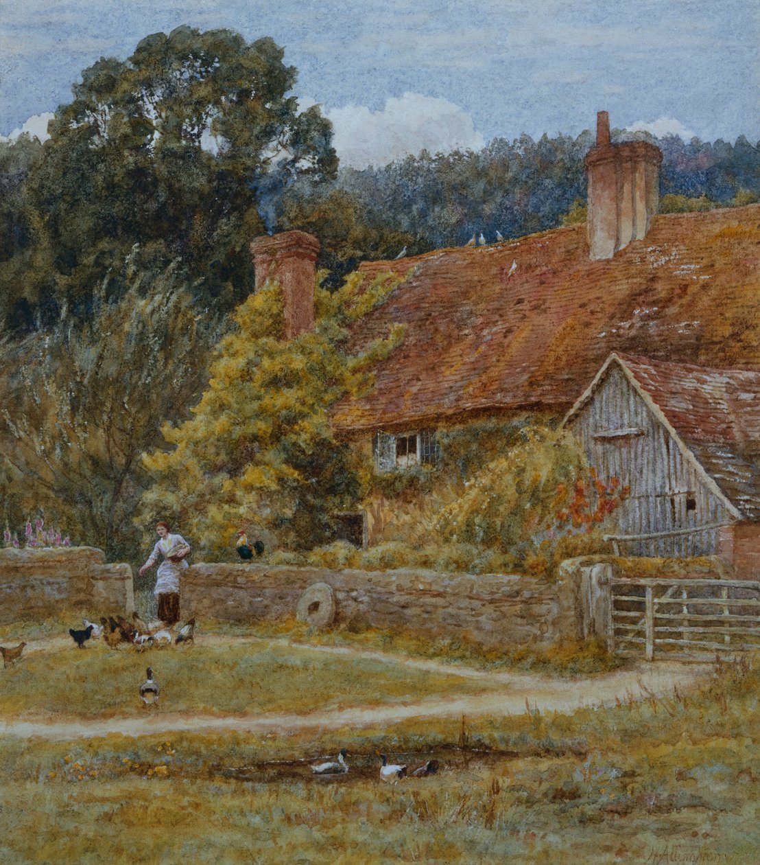 Netley Farm, Shere, Surrey (akwarela z wydrapaniem) autorstwa Helen Allingham