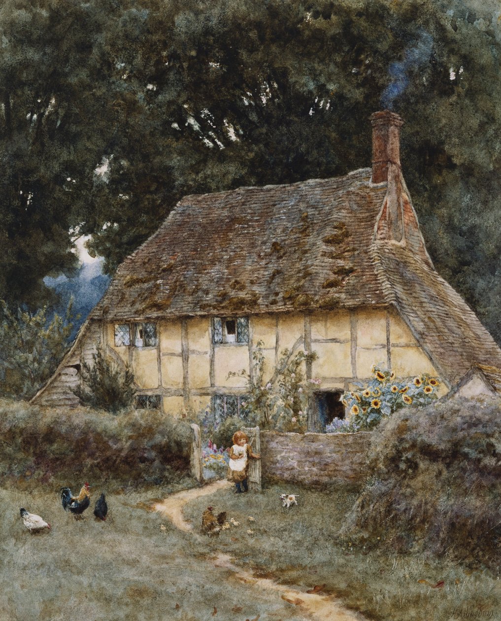 Na Brook Road, niedaleko Witley (akwarela z wydrapaniem na papierze) autorstwa Helen Allingham