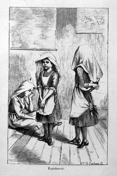 „Punishment”, ilustracja z „Podręcznika wspólnych lekcji zwykłego robótek ręcznych i dziewiarskich”, grawerowana przez W.P. i R. Cheshire, wyd. 1885 (grawerowanie) autorstwa Helen K. (after) Brietzcke