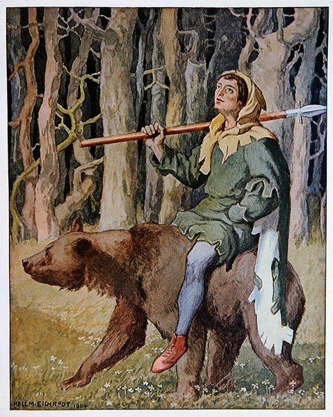 „Niedźwiedź każe łowcy usiąść na plecach”, ilustracja z „Nouveaux Contes Allemands”, wydanej w Berlinie autorstwa Hellmut (after) Eichrodt