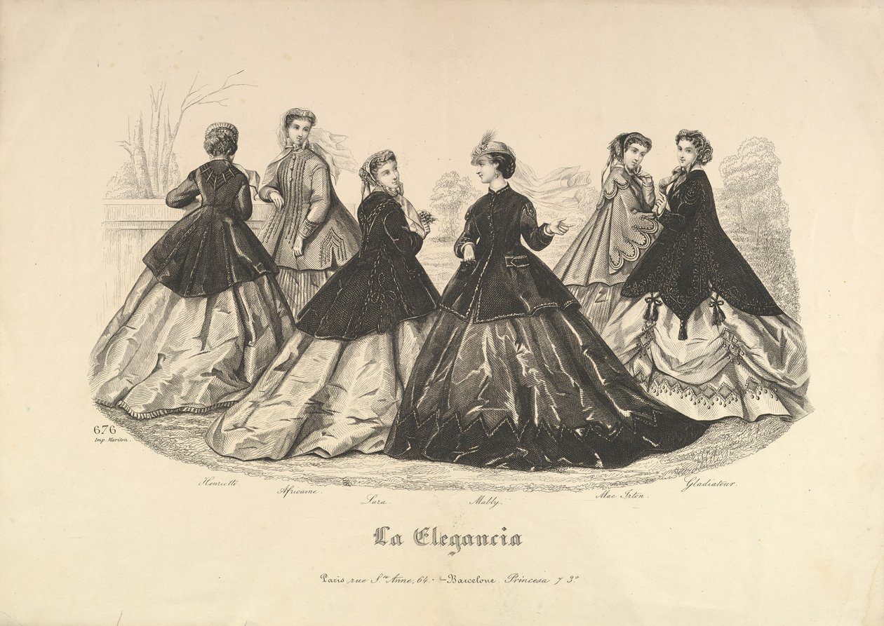 Sześć kobiet na zewnątrz, nr 676, z La Elegancia, 1865-66. autorstwa Heloise Leloir