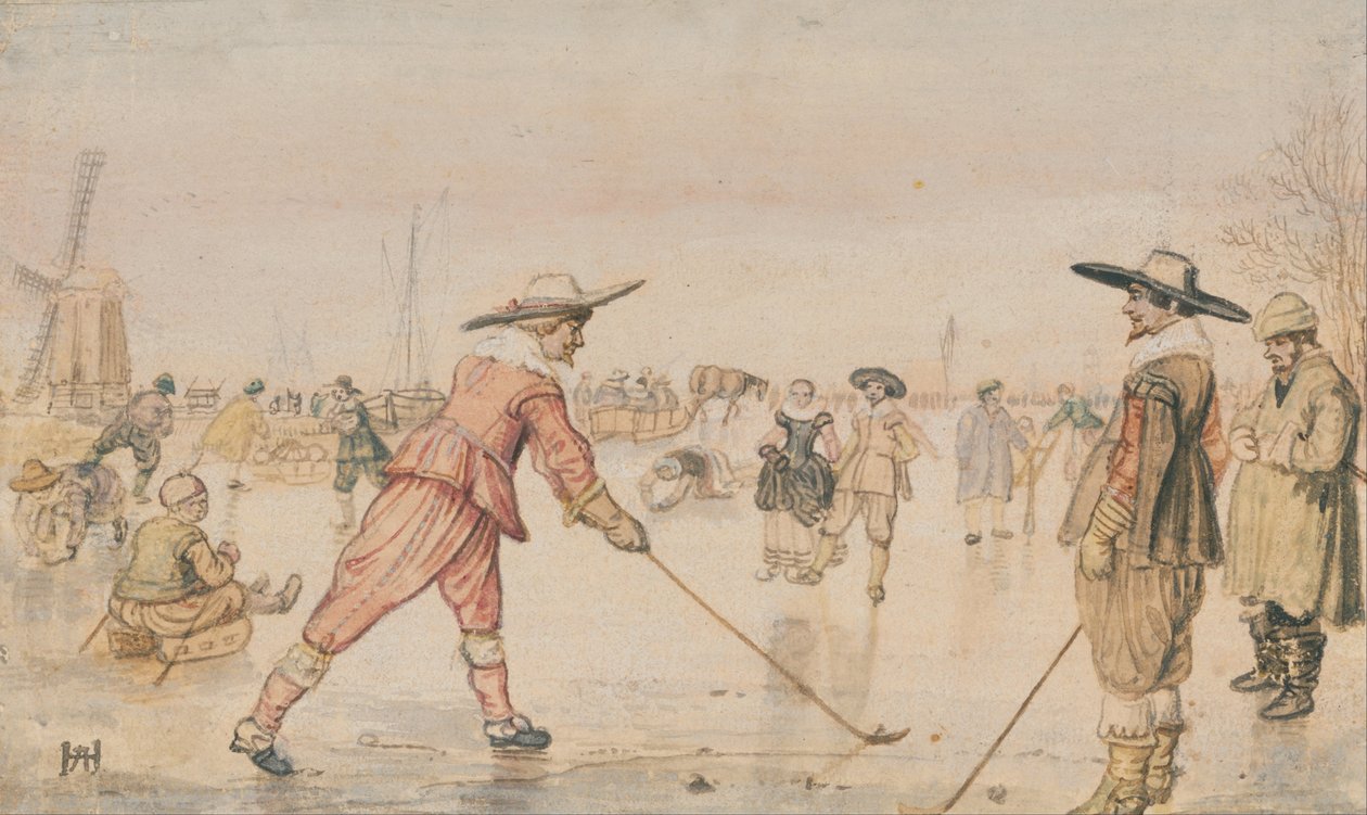 Zimowa scena z dwoma dżentelmenami grającymi w golfa autorstwa Hendrick Avercamp