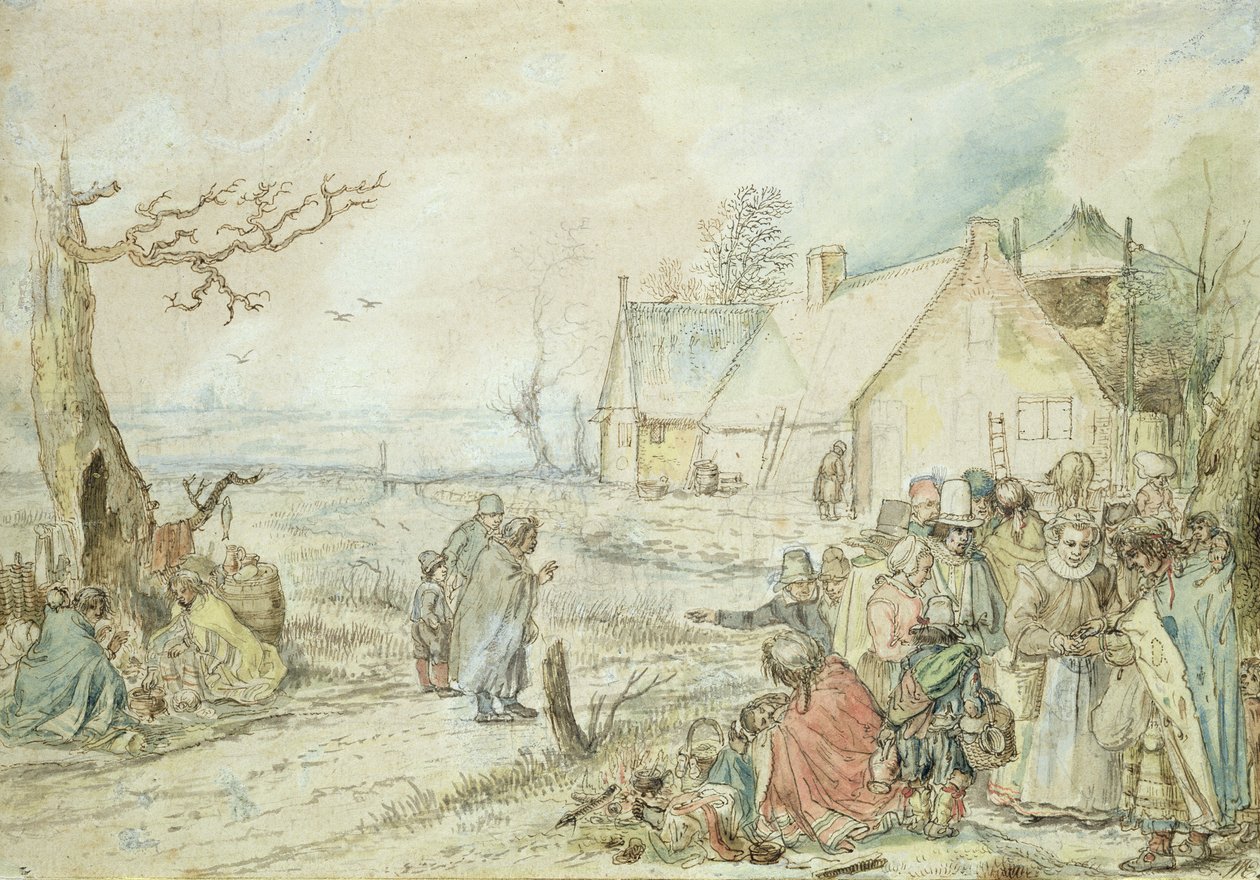 Pejzaż z cygańskimi wróżbitami (piórko i wc na papierze) autorstwa Hendrick Avercamp