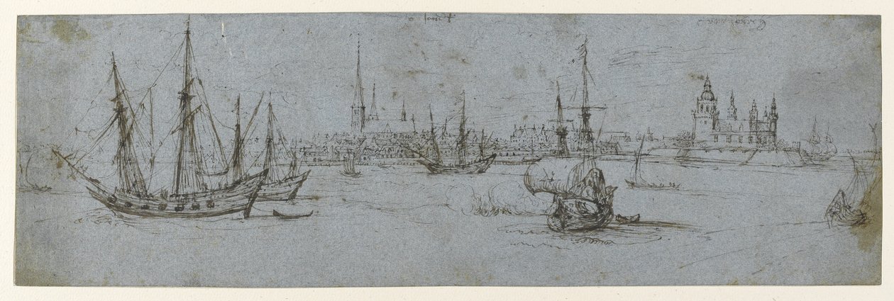 Widok na Elsinore i zamek Kronborg; Studium statków pod żaglami, 1615-29 autorstwa Hendrick Cornelisz. Vroom