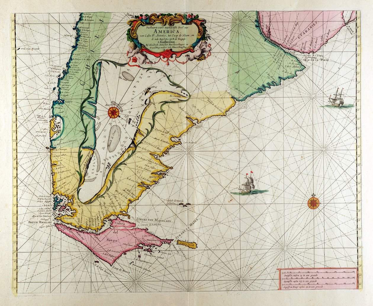 Ameryka, tablica 17 z „Le Nouveau et Grand Illuminant Flambeau de la Mer”, oprac. Claes Jansz. Vooght (fl.1680-96), wydana w Amsterdamie 1683 (ręcznie kolorowana grawerunek) autorstwa Hendrick Doncker