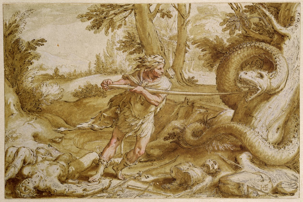 Cadmus ma zamiar zaatakować smoka (rysunek piórem i tuszem z brązowym rozmyciem i białym podświetleniem) autorstwa Hendrik Goltzius