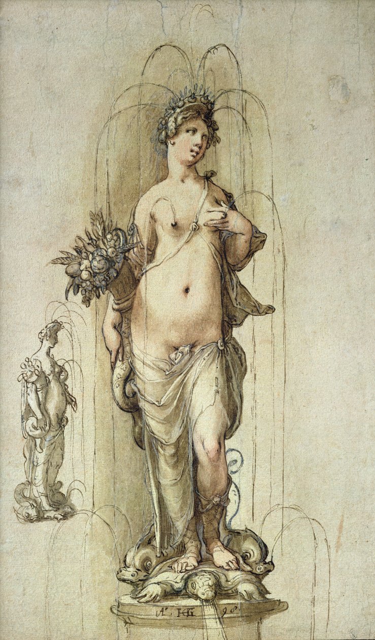 Projekt fontanny z postacią Obfitości, 1598 (pióro, brązowy atrament i wc na papierze) autorstwa Hendrik Goltzius
