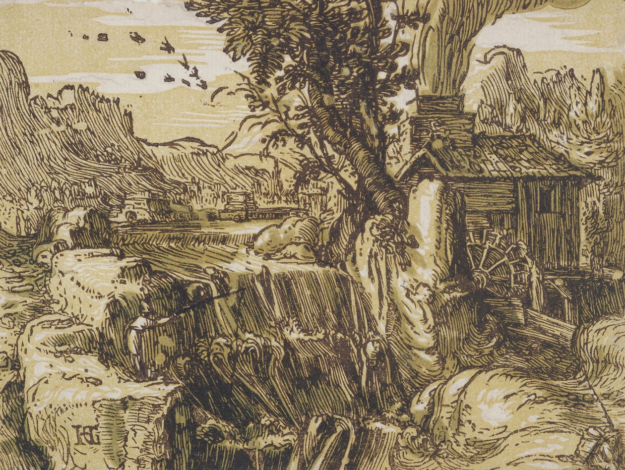 Krajobraz z wodospadem autorstwa Hendrik Goltzius