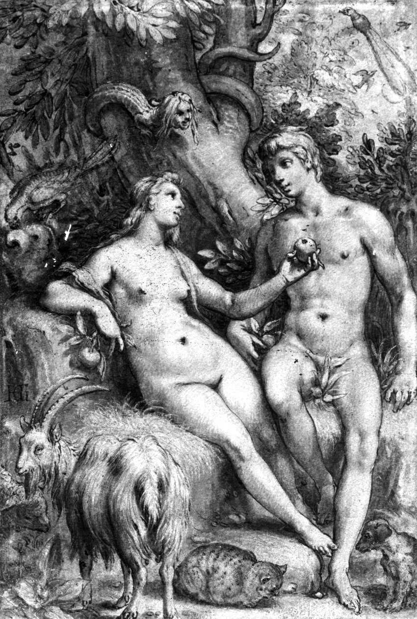 Kuszenie, ok. 1597 (pióro, tusz i pranie na papierze) autorstwa Hendrik Goltzius
