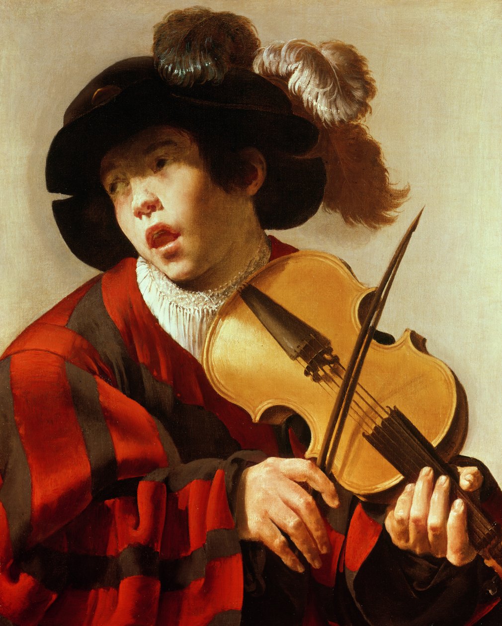 Chłopiec grający na instrumencie strunowym i śpiewający, ok. 1627 r. autorstwa Hendrick ter Brugghen