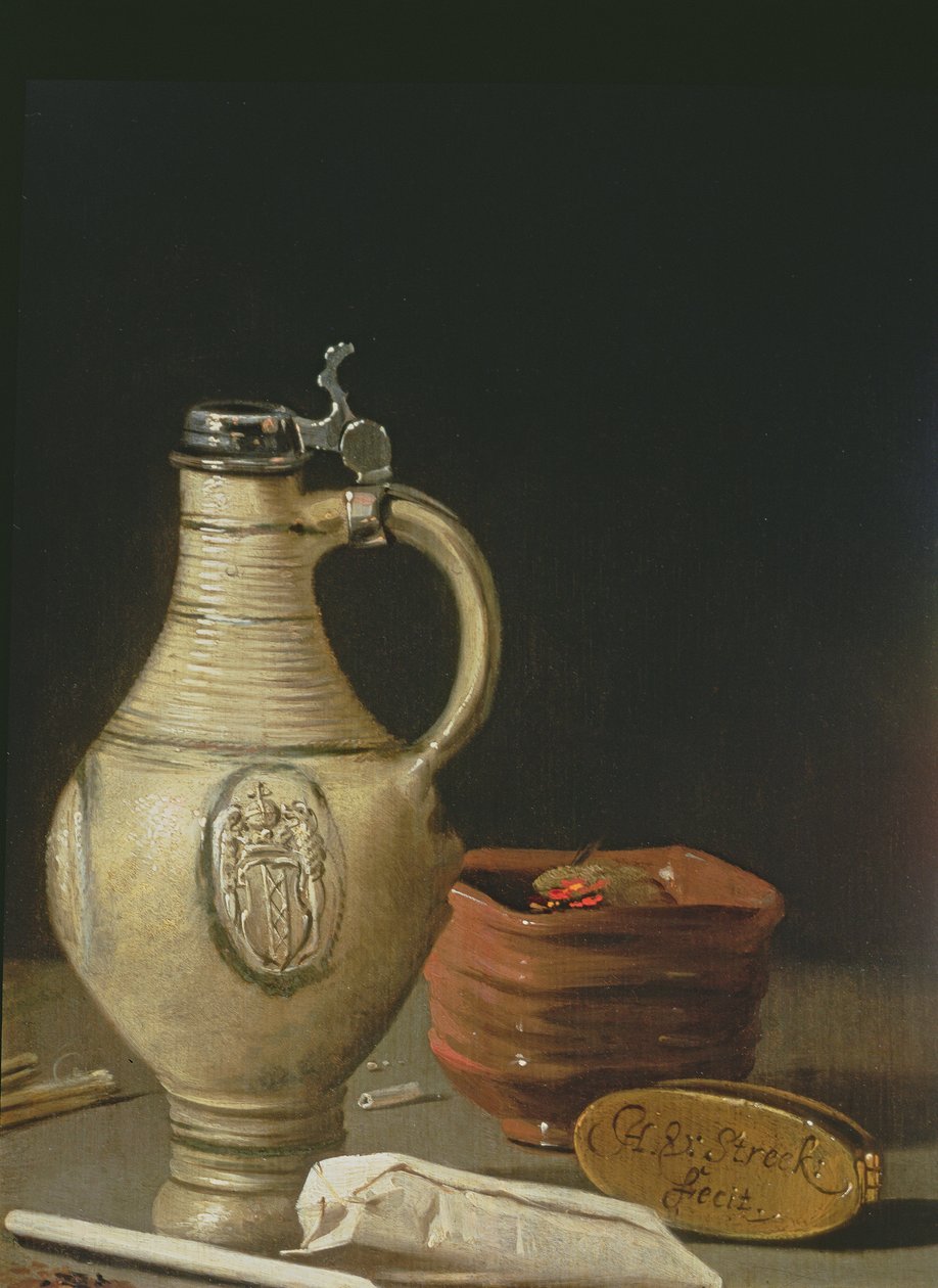Martwa natura z amsterdamskim ceramicznym dzbankiem, miską węgla drzewnego i woreczkiem na tytoń autorstwa Hendrick van Streeck