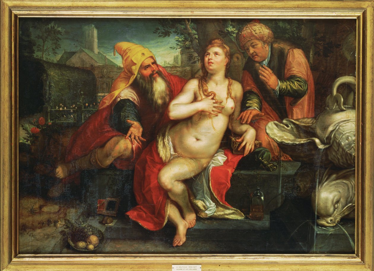 Susannah i starszyzna ... (obraz na drewnie) autorstwa Hendrick (attr. to) Goltzius