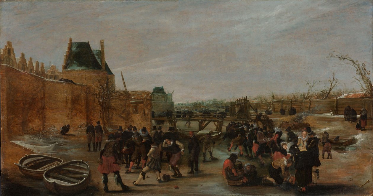 Bawiąc się na zamarzniętym kanale w mieście autorstwa Hendrick Avercamp (copy after)