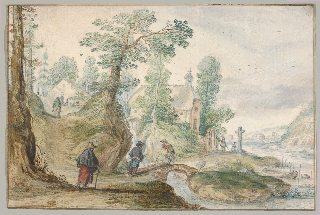 Leśny krajobraz nadrzeczny z kościołem i postaciami autorstwa Hendrick Avercamp