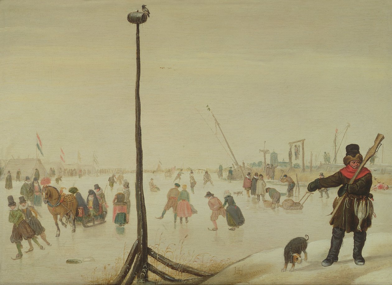 Łowca kaczek i jego pies w zimowym krajobrazie (panel) autorstwa Hendrick Avercamp