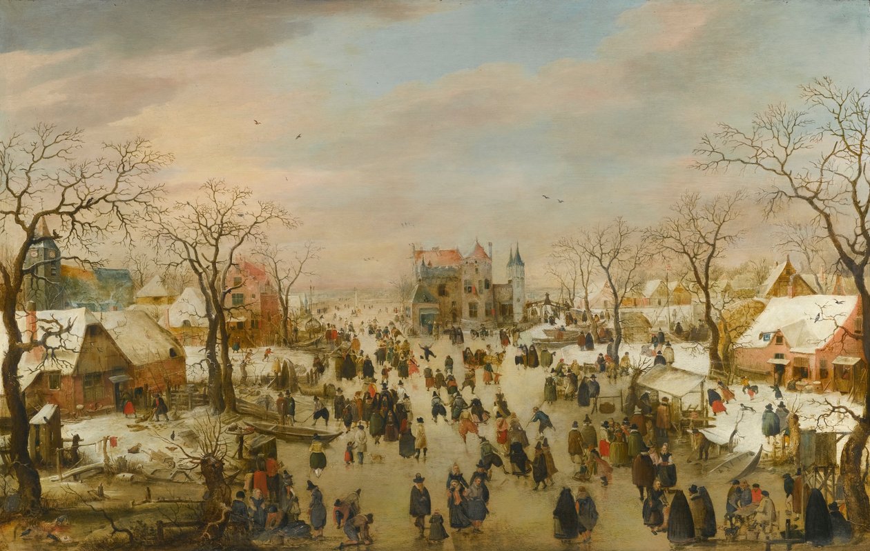Panoramiczny zimowy krajobraz z mnóstwem postaci na zamarzniętej rzece autorstwa Hendrick Avercamp