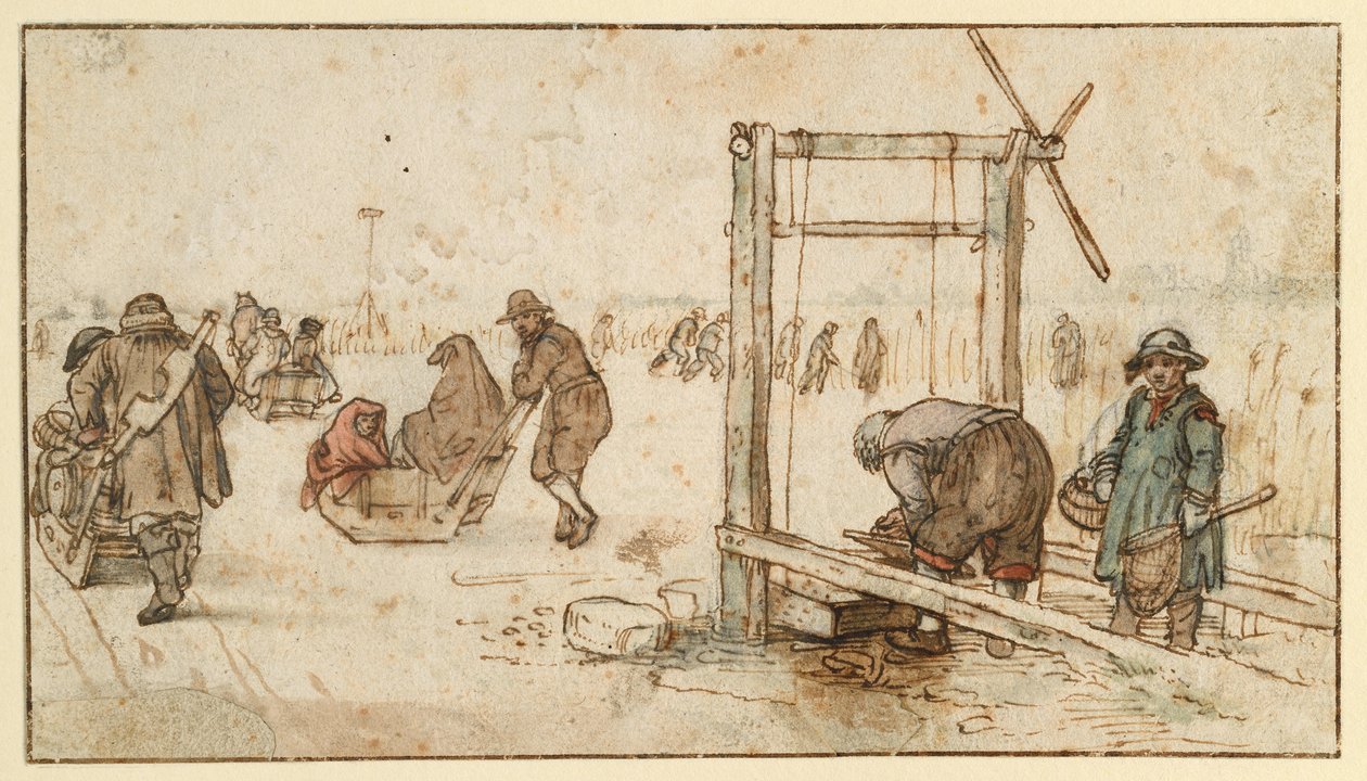 Trzy sanie na lodzie autorstwa Hendrick Avercamp