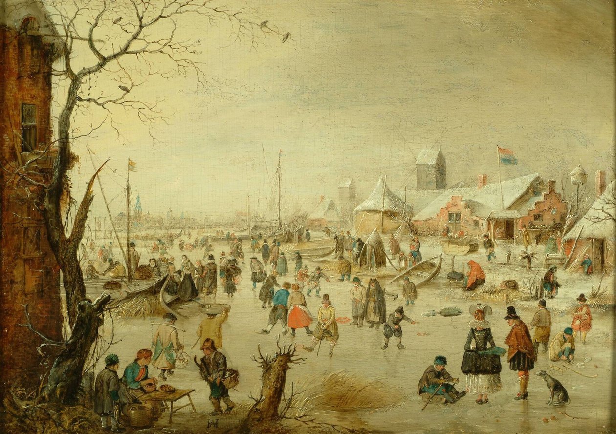 Holenderski: Zimowy krajobraz z łyżwiarzami Scena na lodzie autorstwa Hendrick Avercamp