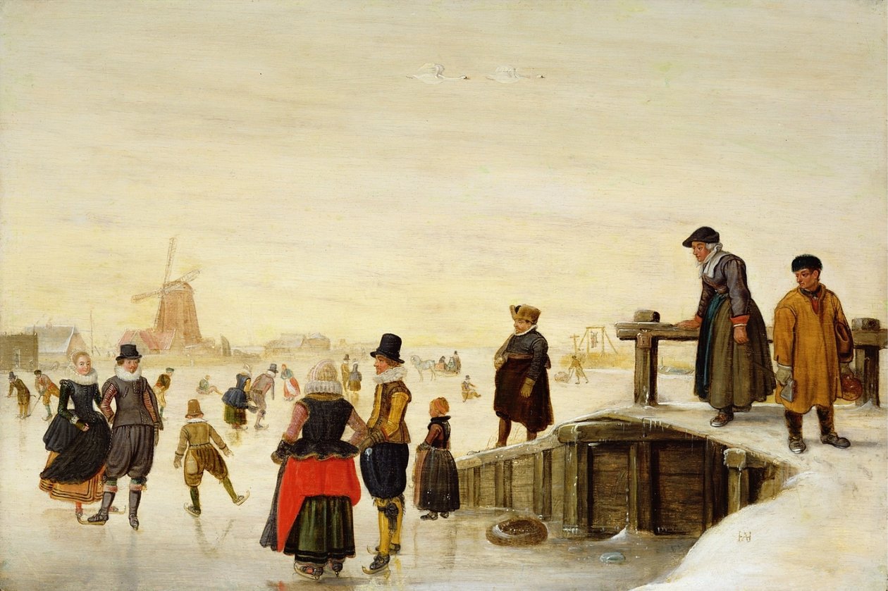 Postacie jeżdżące na łyżwach w holenderskim krajobrazie autorstwa Hendrick Avercamp
