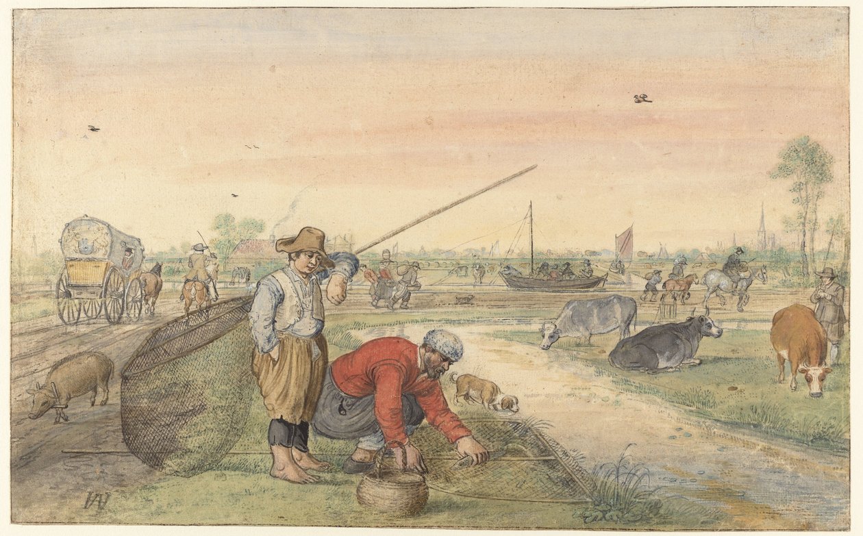 Krajobraz z dwoma rybakami węgorza przy rowie autorstwa Hendrick Avercamp
