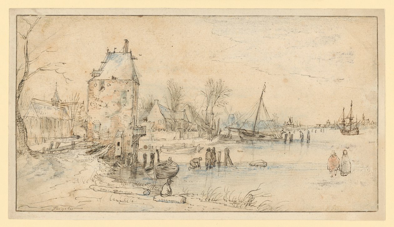 Miejscowość z wieżą strażniczą i kościołem nad brzegiem jeziora autorstwa Hendrick Avercamp