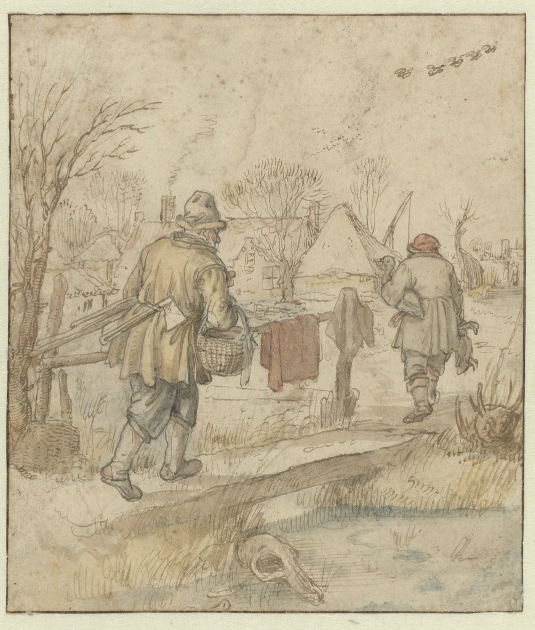 Powrót łowców kaczek / verso: Szkice statków i mężczyzny w zimowej odzieży autorstwa Hendrick Avercamp