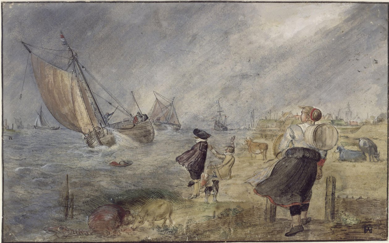 Brzeg jeziora podczas burzy z postaciami autorstwa Hendrick Avercamp