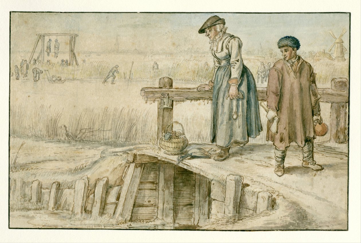Zimowy pejzaż z kobietą i młodzieńcem na małym moście, łyżwiarze i szubienica w oddali autorstwa Hendrick Avercamp