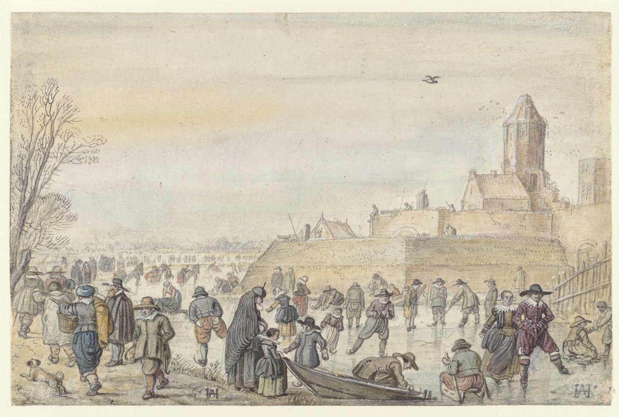 Scena zimowa na Zamarzniętym Kanale w pobliżu Kalverhekkenpoort, Kampen / verso: Szkice postaci na lodzie autorstwa Hendrick Avercamp