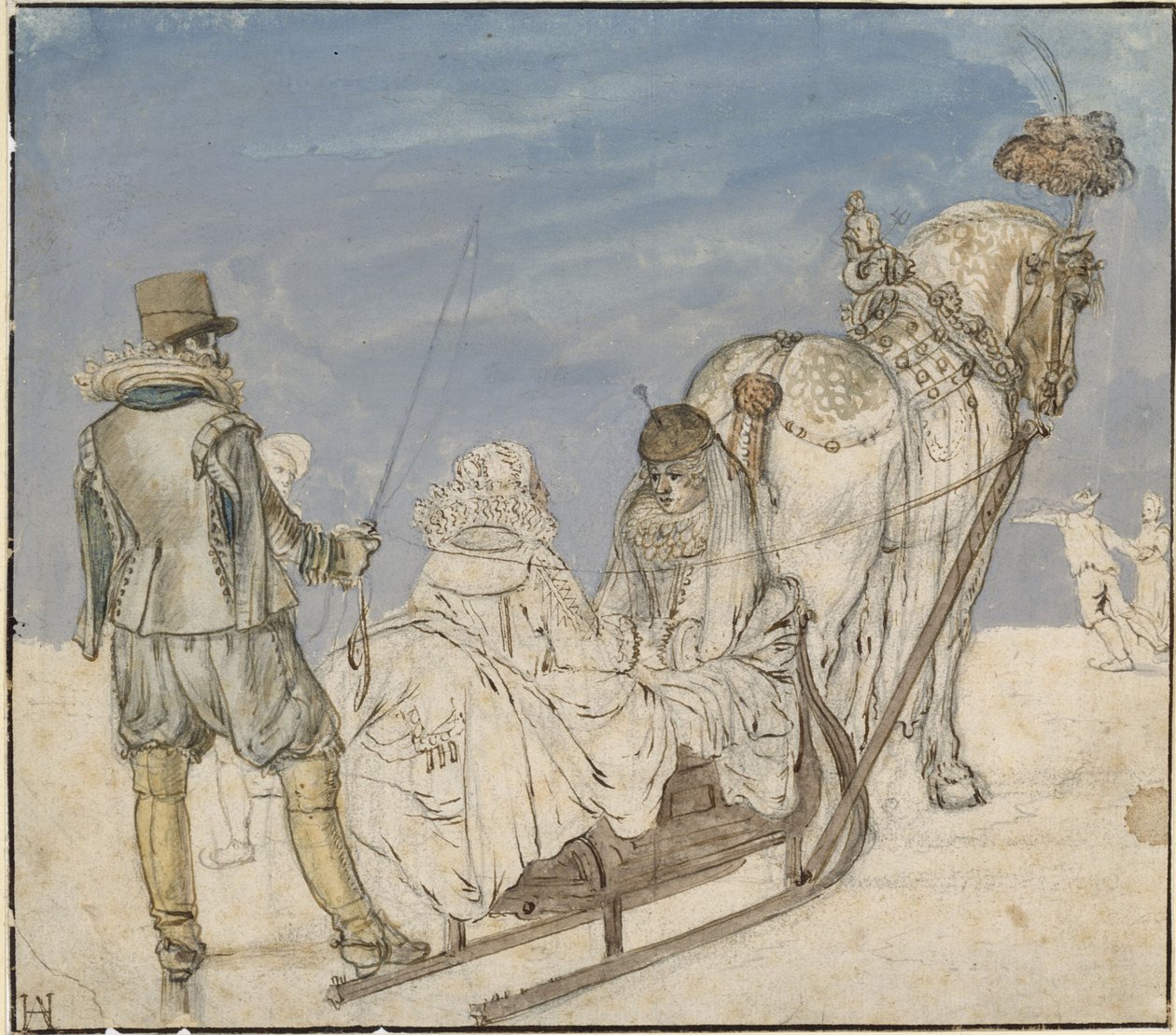 Zima: sanie na lodzie z dwiema damami i jednym panem autorstwa Hendrick Avercamp