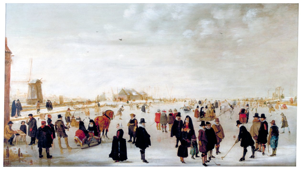 „Zimowy krajobraz nad rzeką IJssel w pobliżu Kampen”, ok. 1615 r. autorstwa Hendrick Avercamp