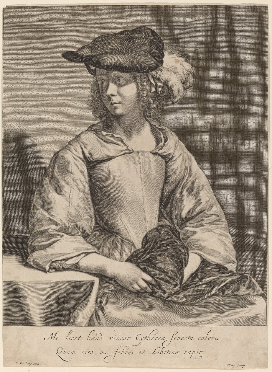 Dziewczyna w kapeluszu z pióropuszem autorstwa Hendrick Bary after Gerard ter Borch the Younger