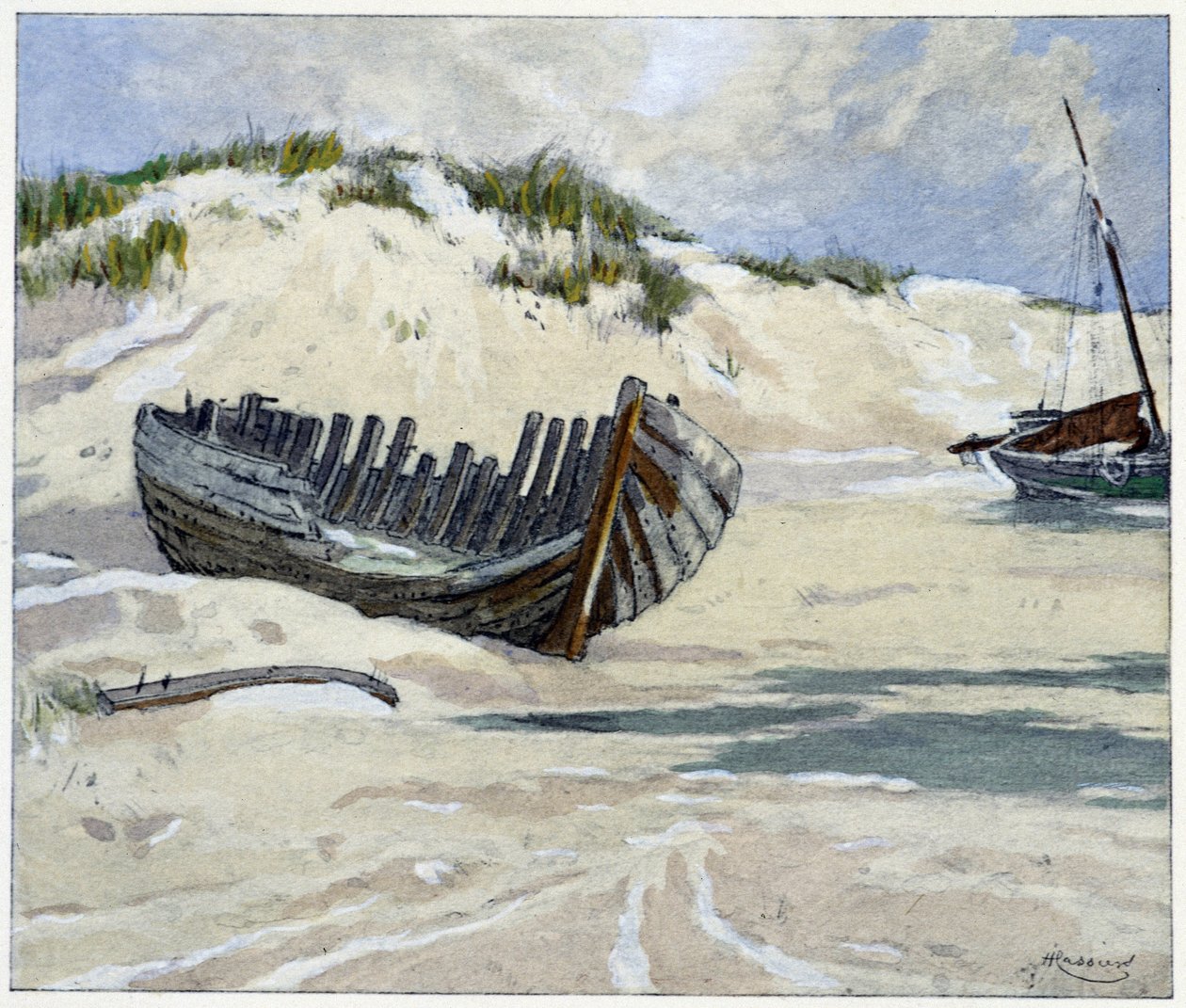 Statki Fortuny na wydmach w „Garirlande des dunes” Emile Verhaeren, zilustrowane przez H.Cassiersa w Art-H.Piazza, Paryż 1927. autorstwa Hendrick Cassiers
