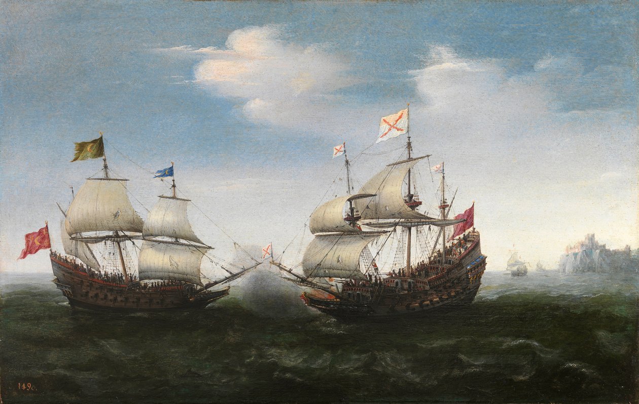 Wojna osiemdziesięcioletnia - (Quatre Vingts Ans lub Revolt of the Netherlands lub War of the Beggars) Bitwa morska na skalistym wybrzeżu przez Vroom, Hendrick Cornelisz. (1562/3-1640) autorstwa Hendrick Cornelisz. Vroom