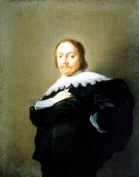 Portret dżentelmena w czarnym garniturze i koronkowym kołnierzu autorstwa Hendrick Gerritsz Pot