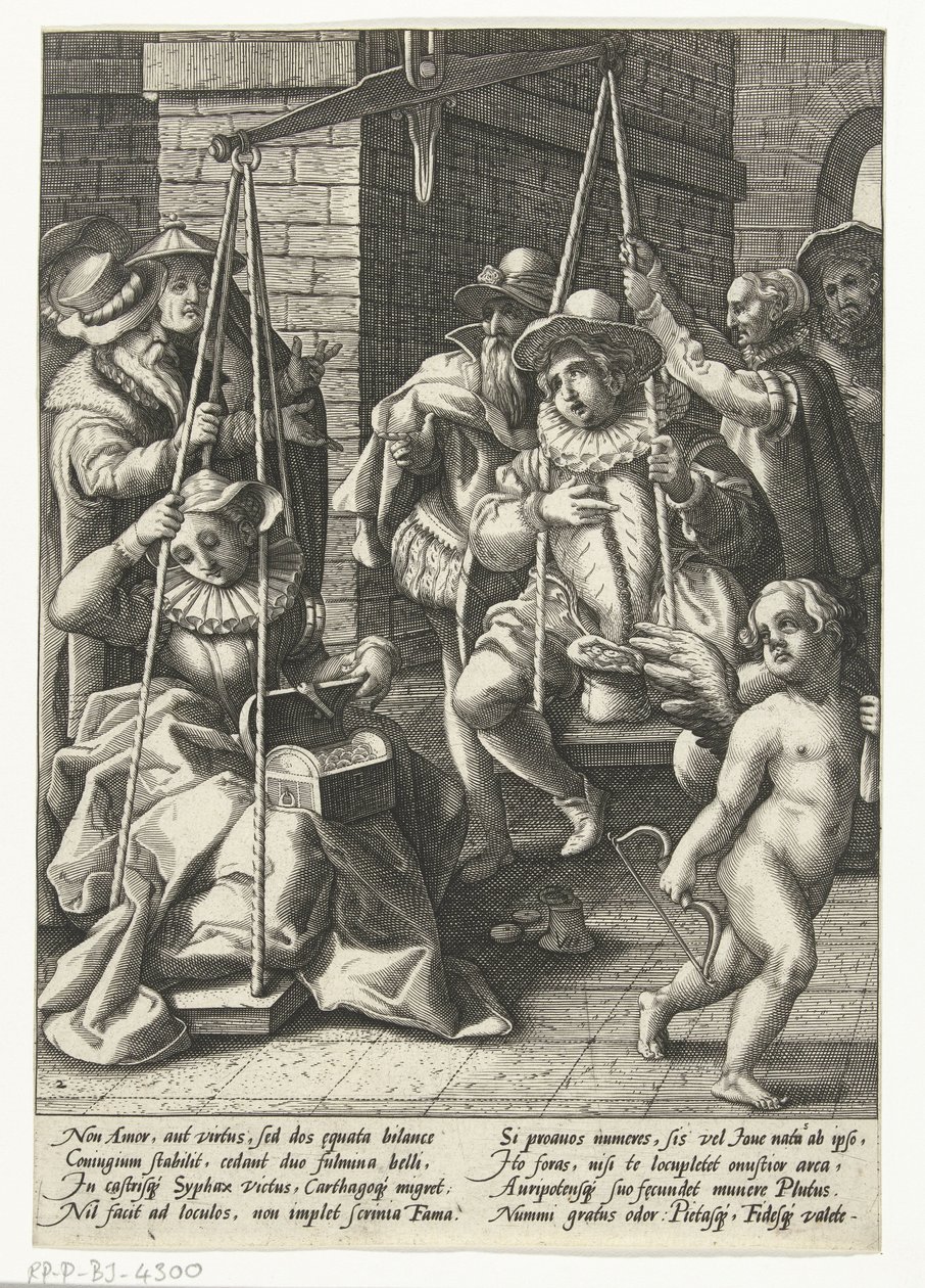 Wagi małżeństwa Pieniądze to prawdziwa miłość Skala ślubu Przysłowia według Karela van Mandera (tytuł serii) autorstwa Hendrick Goltzius (attributed to workshop of)