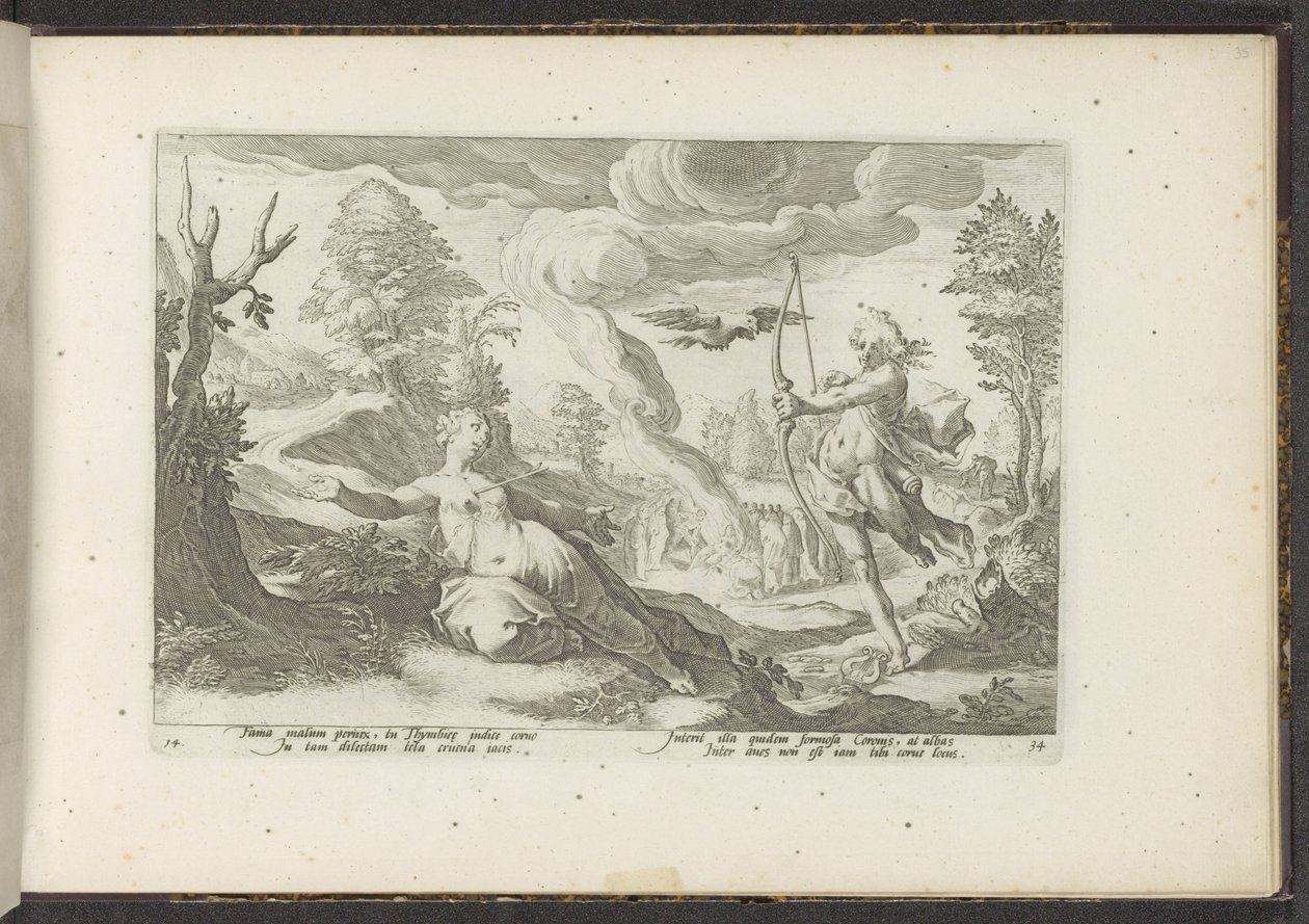 Apollo doodt Coronis Metamorfosen Owidiusza (tytuł serii) Herscheppingen van P. Ovidius Naso (tytuł serii) autorstwa Hendrick Goltzius (workshop of)