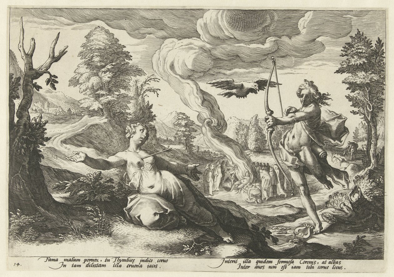 Apollo doodt Coronis Metamorfosen Owidiusza (tytuł serii) autorstwa Hendrick Goltzius (workshop of)