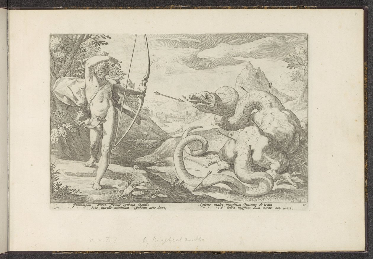Apollo zabija gigantycznego węża Pythona Metamorfozy Owidiusza (tytuł serii) Odtworzenia P. Ovidiusa Naso (tytuł serii) autorstwa Hendrick Goltzius (workshop of)